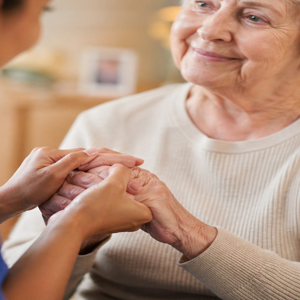A caregiver offering reassuring hand support at home