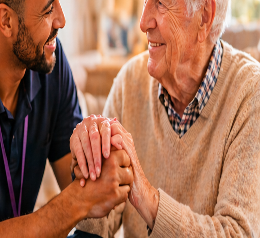 Support worker walking outdoors with a person receiving care